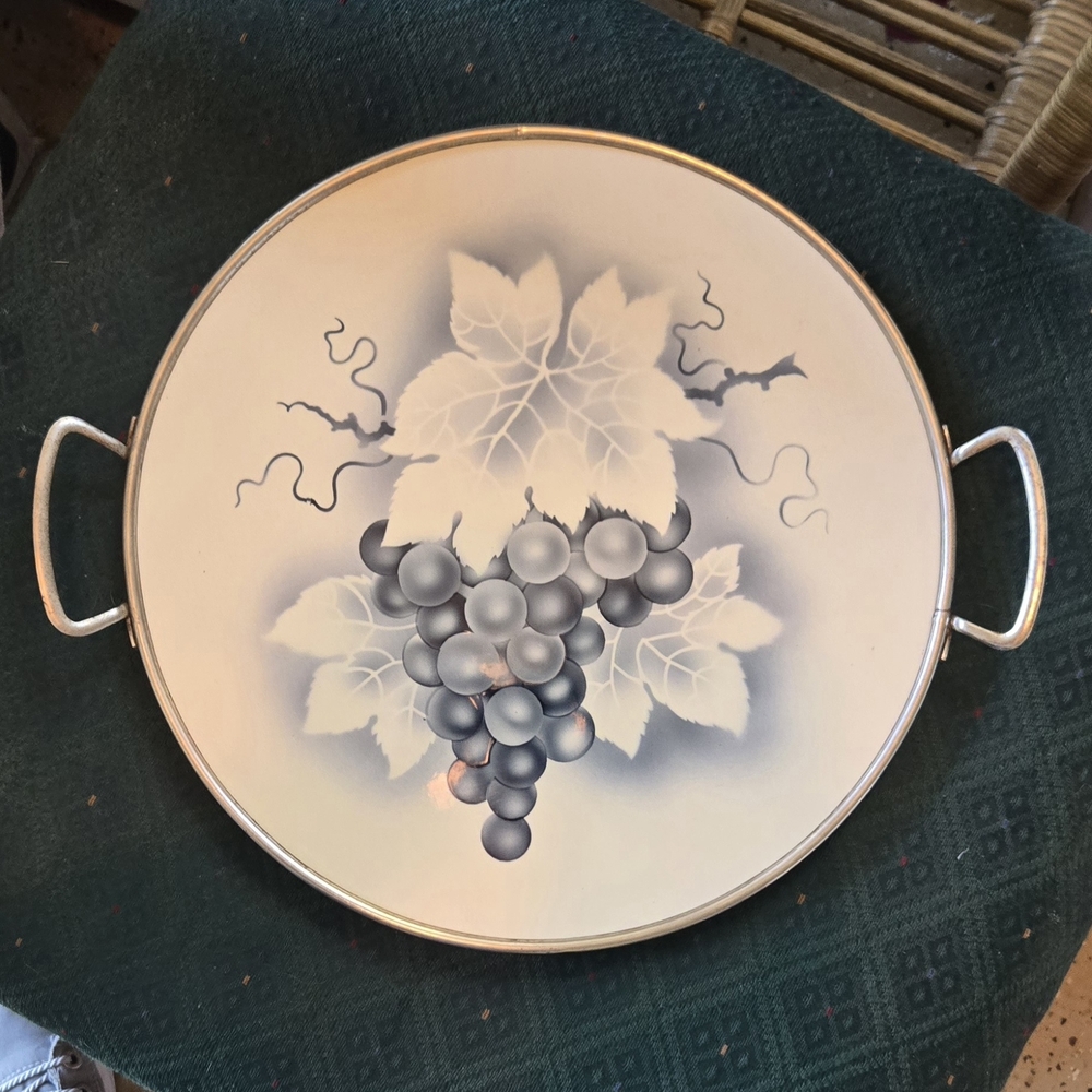 Vintage Grapevine Round Serving Tray - Blue and White